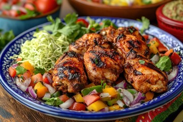 Fototapeta premium Grilled chicken with vibrant salsa and slaw. Perfect for menus, blogs, or recipe sites showcasing delicious food.