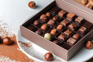 A tempting box of rich hazelnut chocolates, arranged elegantly on a white ceramic plate with scattered cocoa powder in HD.