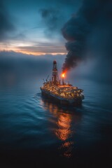 Obraz premium Drillship illuminated by flare lights, stationed in the open sea, showcasing offshore oil exploration at night.