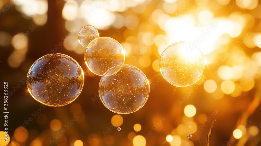 Poster Several translucent bubbles floating with a sunlit blurred background in nature