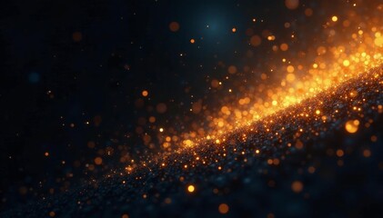 Obraz premium Glittering gold particles floating in a dark space, sparkle, elegance, background