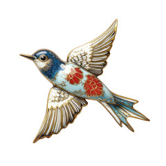 Obraz premium A vintage enamel brooch in the shape of a swallow with delicate hand-painted details isolated on a white background.
