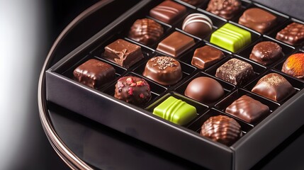 A vibrant assortment of assorted chocolates in a sleek modern box, beautifully displayed on a reflective plate with crisp HD details.