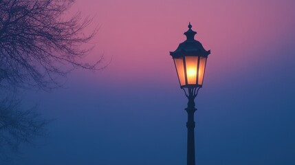 A street light at dawn, fading into the soft hues of sunrise as a new day begins
