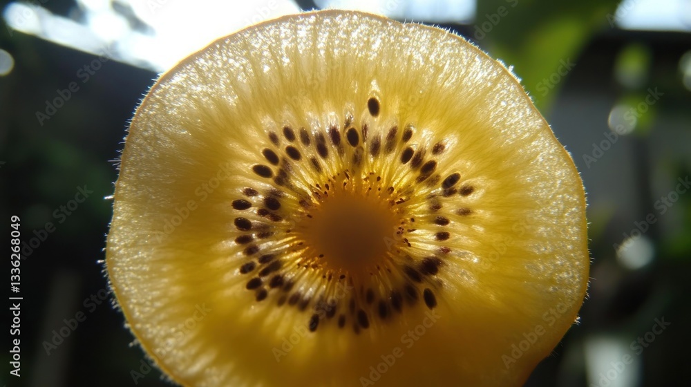 Poster a close up view showing a sliced golden kiwi fruit