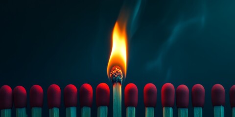 a row of matches with a lit match in front of them