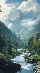 peaceful valley with winding blue river image