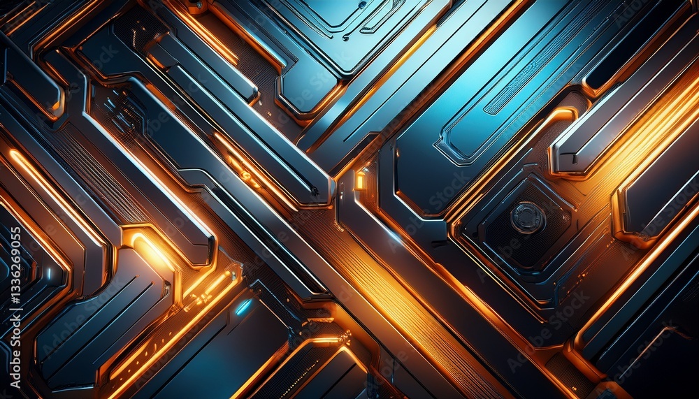 Poster a seamless transition between smooth metallic panels and glowing conduits.