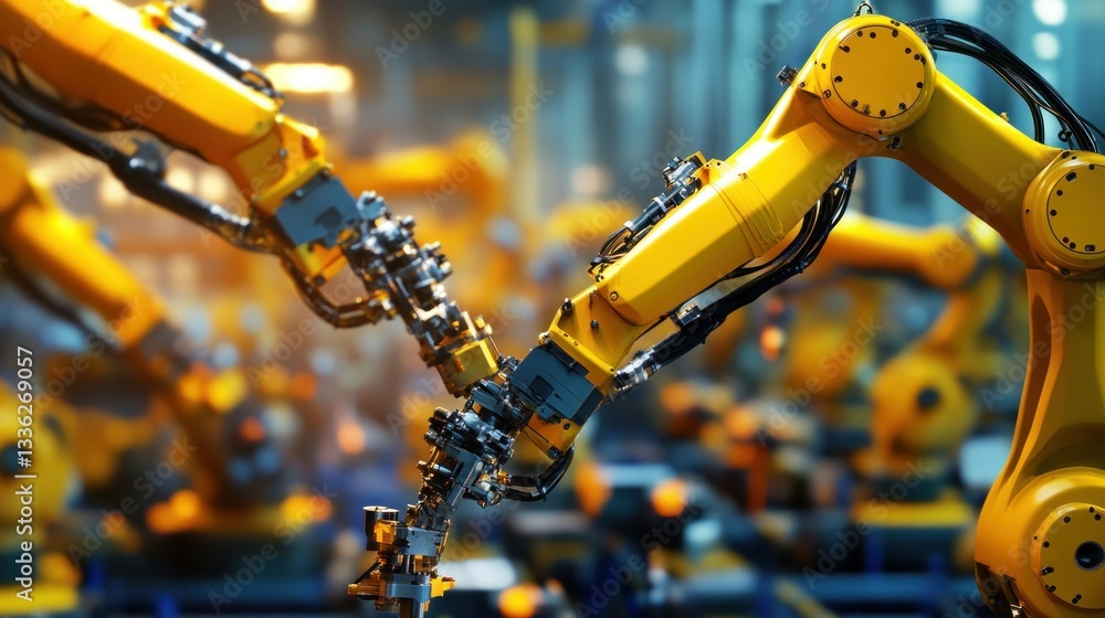Poster Several yellow robotic arms working in a factory setting