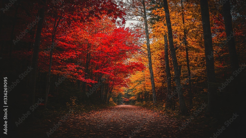 Aufkleber a scenic path through beautiful autumn colored trees in a forest