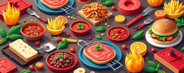 Fototapeta premium Fun cartoon illustrations of BBQ items in repeat design, outdoors, meats, design