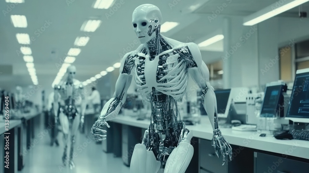 Poster realistic looking robots walking in a sterile modern laboratory