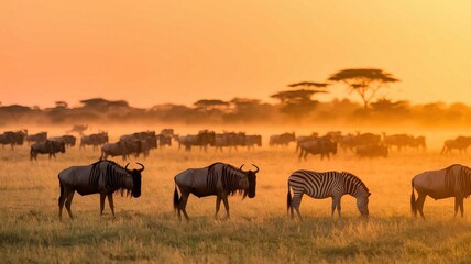 wildebeest at sunset