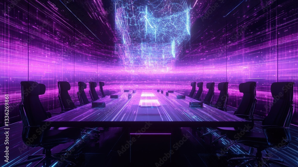 Poster engineers discussing the future of pulse technology at a sleek conference table, with holograms of p