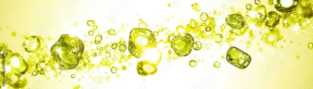 Poster Yellow liquid droplets float with light effects in the image