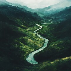 lush green hills with curving river path image