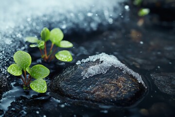 Fresh sprouts emerge from a rocky, icy stream Generative AI
