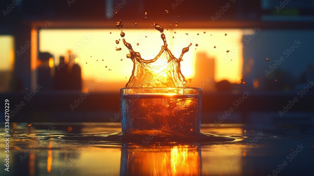 Aufkleber a glass of liquid exploding with splashes during sunset