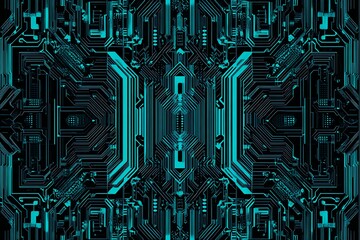 Abstract close-up of a glowing blue digital circuit board, showcasing intricate connections and technological design on a black background.
