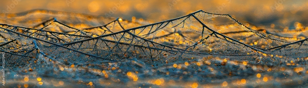 Poster close up of frosty plant branches with beautiful bokeh background