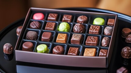 A vibrant assortment of assorted chocolates in a sleek modern box, beautifully displayed on a reflective plate with crisp HD details.