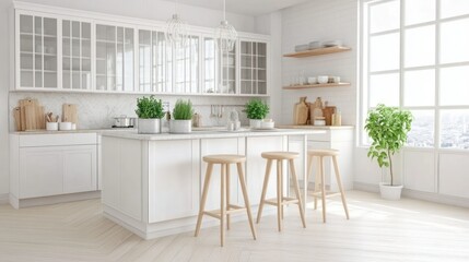 Modern bright kitchen with wooden stools and green plants