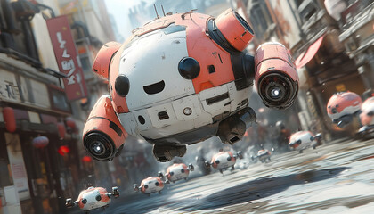 Fototapeta premium Cute, spherical robots fly through a bustling city street. Their design is a blend of technology and whimsical charm