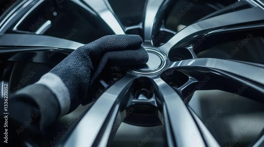 Poster a gloved hand is working with an alloy wheel assembly