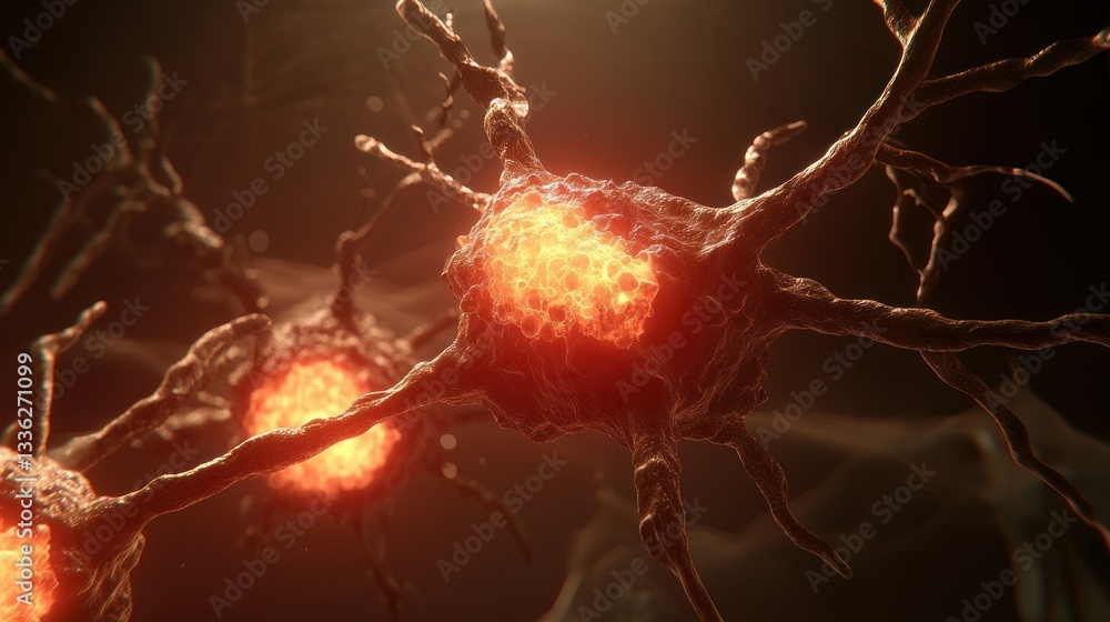 Aufkleber Illuminated neurons with branching structures in a dark environment are shown