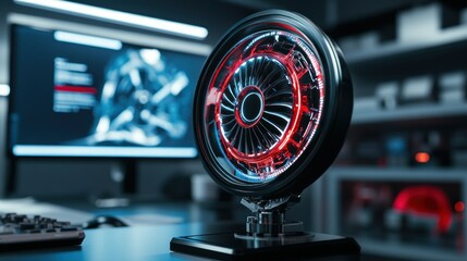 Futuristic technology device with glowing red and blue lights displayed