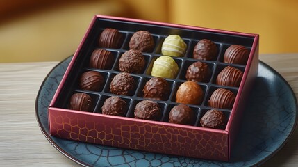 A vibrant box of assorted chocolate truffles set on a sleek modern plate with subtle patterns and ambient lighting in vivid HD detail.