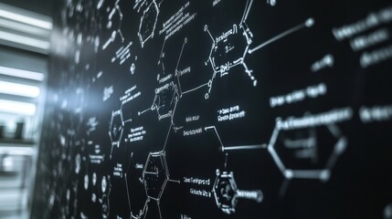 Fototapeta premium Scientific Diagram on Dark Background with Chemical Structures and Data
