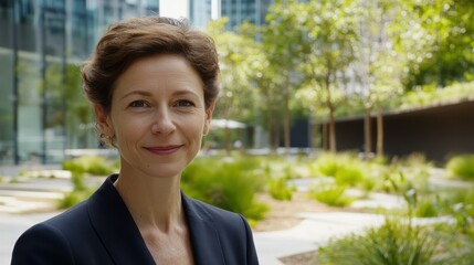 A woman in business attire smiling confidently outdoors