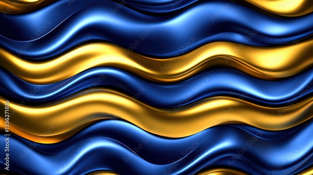 Poster Blue and gold smooth wavy ribbons creating abstract design patterns