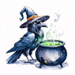 Enchanted black raven wearing a witch hat standing by a bubbling potion cauldron for spooky halloween art. Halloween art