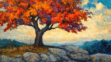 Vibrant autumn tree with fiery red leaves stands atop rocky terrain against a serene mountain backdrop
