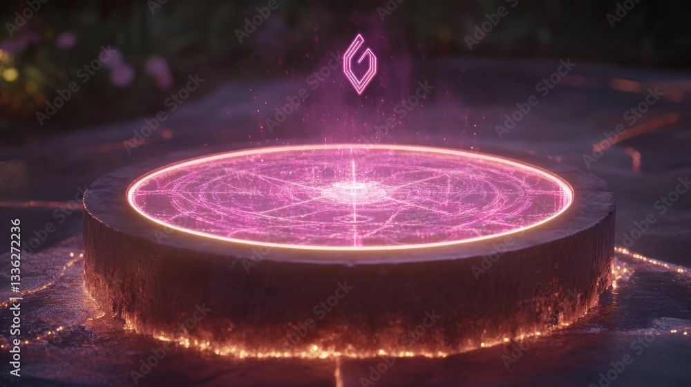 Poster A glowing circular platform with symbols and a symbol above it