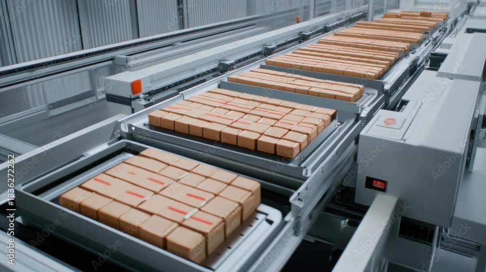 Poster Packages on an automated conveyor system in a factory setting