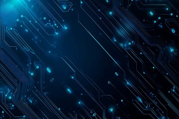 Abstract close-up of a glowing blue digital circuit board, showcasing intricate connections and technological design on a black background.
