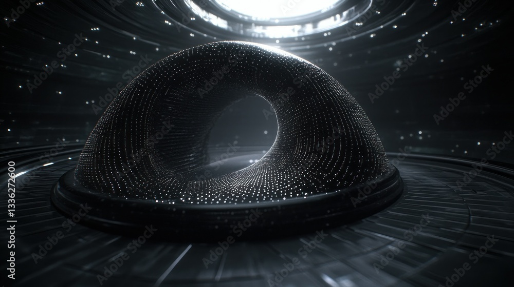 Poster a futuristic donut shaped object sits in a glowing environment