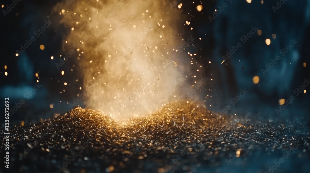 Poster illuminated particles emitting from a dark pile of material