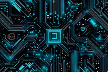 Abstract close-up of a glowing blue digital circuit board, showcasing intricate connections and technological design on a black background.
