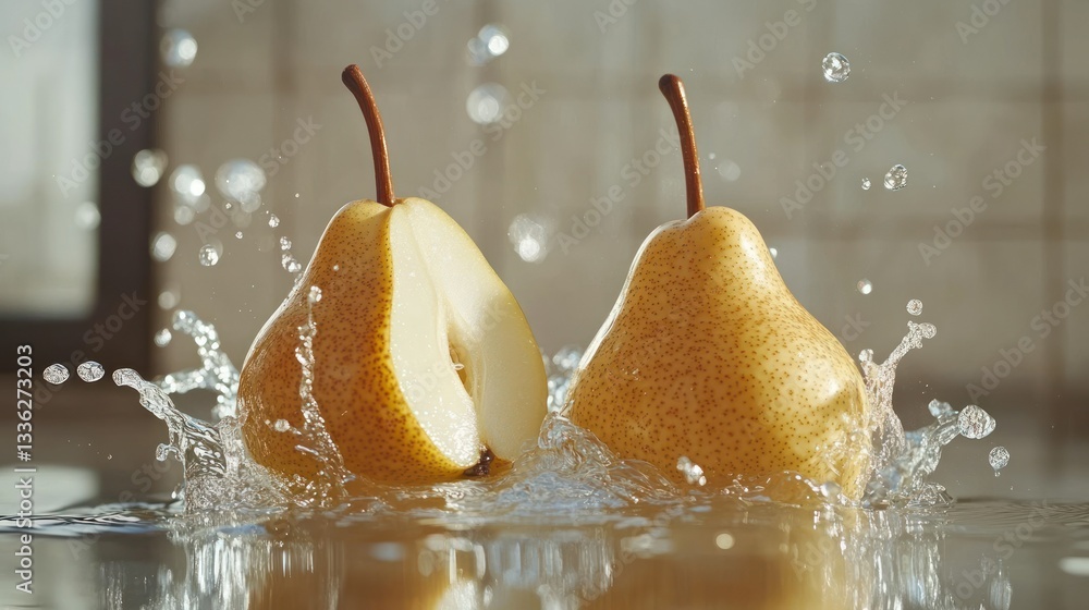 Poster Two pears split in water creating a dynamic splash effect