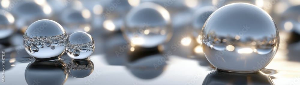 Poster many reflective spheres of varying sizes resting on a surface