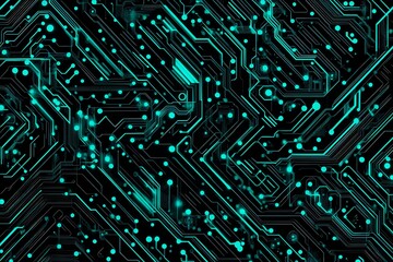 Abstract close-up of a glowing blue digital circuit board, showcasing intricate connections and technological design on a black background.
