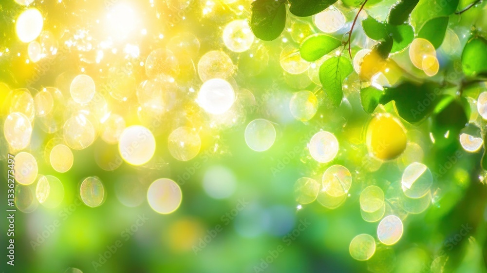 Poster bright sunlight filters through green leaves creating beautiful bokeh