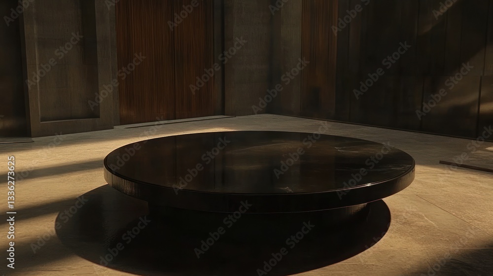 Poster a round black table is centered inside a dimly lit room