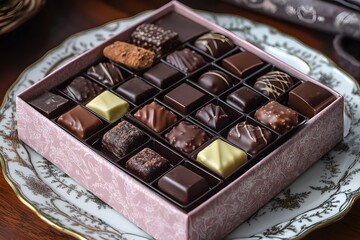 A vibrant box of gourmet chocolates featuring a mix of dark and milk varieties, set on a fine porcelain plate with elegant accents in HD clarity.