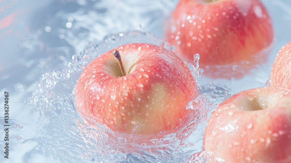 Poster fresh red apples are submerged in clear water with splashes