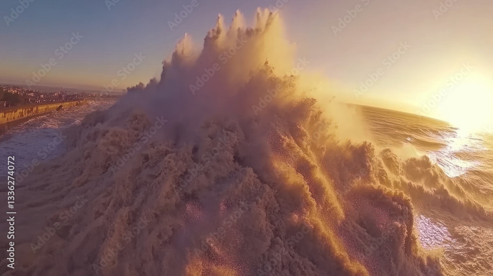 Aufkleber a massive ocean wave crashes and explodes during a sunrise